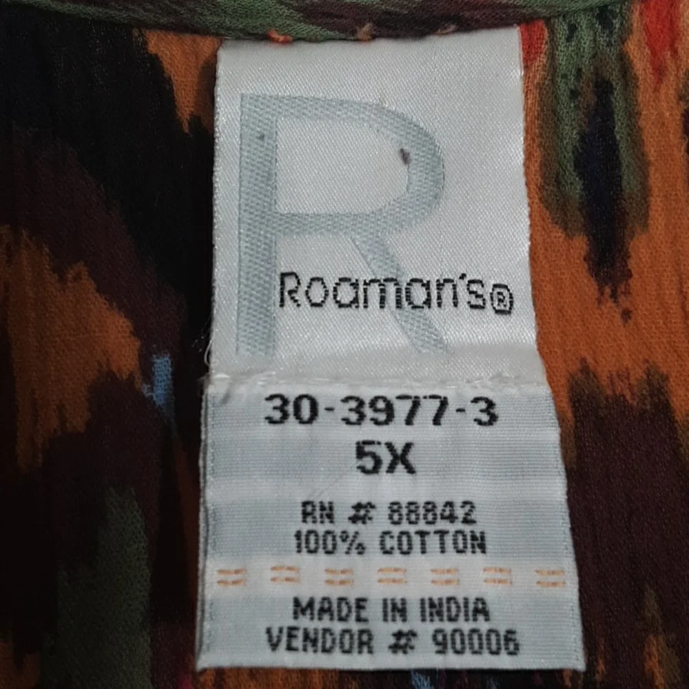 Roamans Orange Green Yellow Aztec Short Sleeve Button Down Blouse Top 5X - Picture 4 of 5